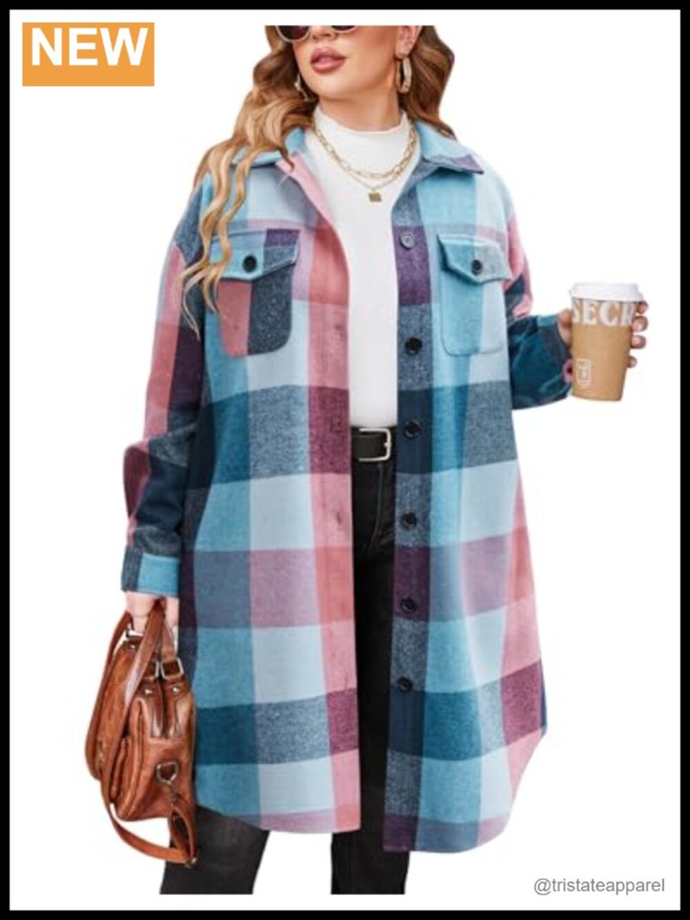 Womens Plus Size Flannel Plaid Shacket Long Sleeve Button Down Oversized Midi